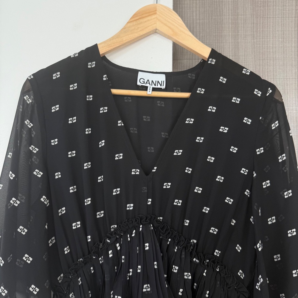 GANNI Black Pleated Georgette V Neck‎ Flounce Mini Dress Short Sleeve EU38 US6 - Picture 6 of 16